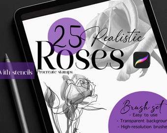 25 Realistic Rose Illustrations with Stencils Procreate & Digital Design Pack