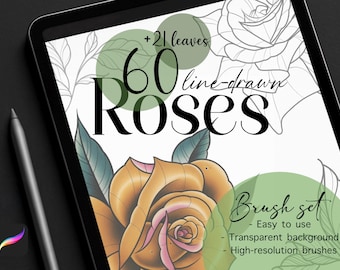 60 Line Drawn Rose Brushes | Floral Outline Stamps | Procreate & Tattoo Design