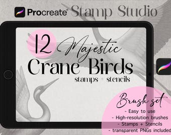 Crane Bird Stamp Set for Procreate – Botanical Bird Brushes – Digital Tattoo Stencils