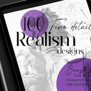 Könnte beinhalten: Ein digitales Tablet zeigt ein Design-Set mit dem Text "100 Fine detail Realism designs". Das Bild enthält einen lila Kreis mit den Worten "Brush set" und Aufzählungszeichen, die die Funktionen des Sets beschreiben. Ein Stift liegt auf der schwarzen Oberfläche.