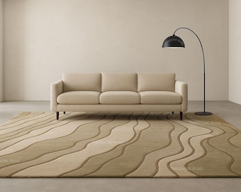 Modern Abstract Wavy Beige Wool Rug - Minimalist Layered Wave Hand-Tufted Neutral Carpet for Luxury Living Room & Japandi Home Decor