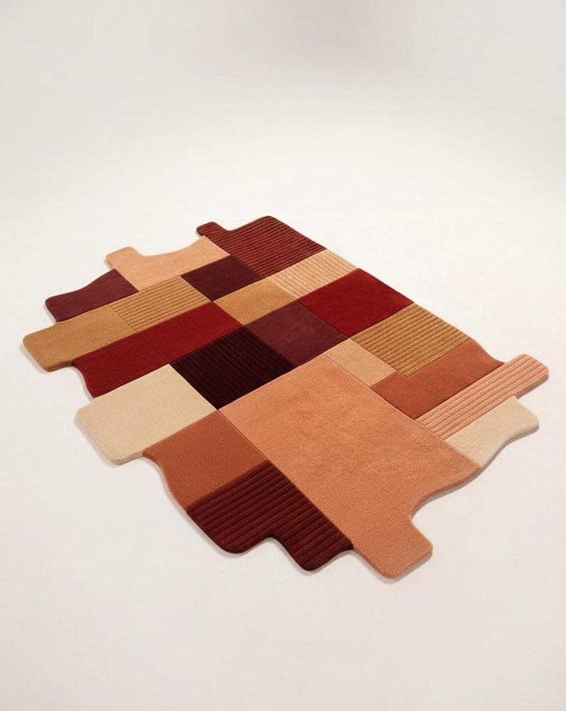 Terracotta Beige Area Rug, Modern Abstract Patchwork Rug, Geometric ...