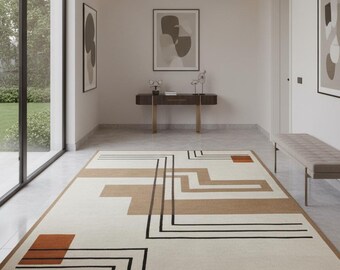 Modern Geometric Hand-Tufted Wool Area Rug – Beige, Brown & Terracotta Accent