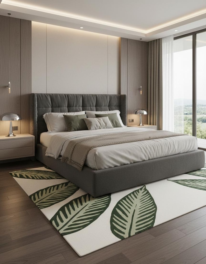 Large Botanical Leaf Rug, Sage Green Hand Tufted Wool Area Carpet for ...