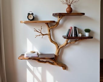 Estantería de ramas de árbol, estantes flotantes de madera con borde natural en la pared, estantería rústica de ramas de madera flotante
