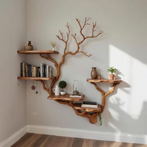 Op de afbeelding: Een uniek houten wandrek in de vorm van een boom, met meerdere planken van verschillende afmetingen. De planken zijn gemaakt van lichtbruin hout en zijn bevestigd aan een boomachtige structuur die zich over de muur uitstrekt. De planken bevatten boeken, planten en decoratieve items.