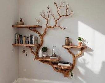Floating bookshelf solid wood tree branch wall shelf drifwood corner shelving art bookcase decor