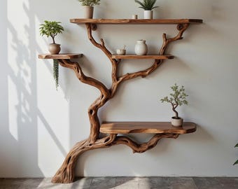 Estantería de pie, estantería de ramas de árbol, estantería de pared de madera maciza, librería de ramas de madera flotante