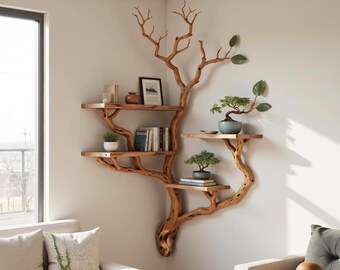Półka narożna wisząca, półka na książki z gałęzi drzewa, wisząca na ścianie, solidne drewniane półki, wyjątkowa dekoracja
