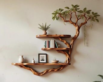 Driftwood floating shelf tree branch bookshelf solid wood wall mounted bookshelves