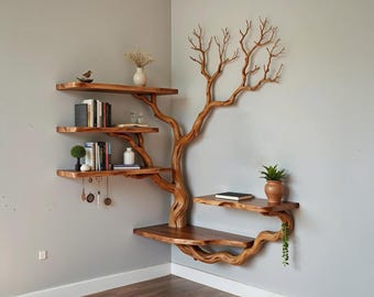Estantería de esquina con forma de rama de árbol, estantes de pared de madera maciza, estante flotante para libros, decoración del hogar y arte.