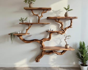 Estante flotante de madera con forma de rama de árbol en la pared, estantería de madera maciza, estantes colgantes, decoración artística para el hogar.