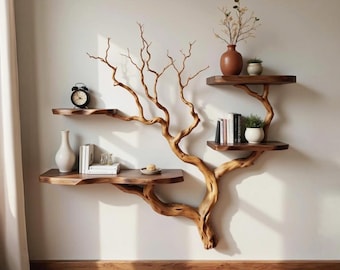 Floating bookshelf tree branch shelves on wall solid wood shelf driftwood branch handmade furniture