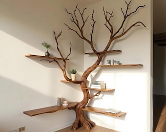 Estante de canto em forma de galho de árvore, estante de madeira maciça para livros, escultura de madeira flutuante para parede.