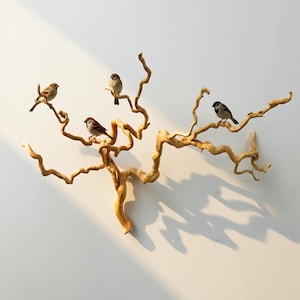 Può includere: Un'opera d'arte murale decorativa raffigurante un ramo d'albero stilizzato in legno marrone chiaro. Cinque piccoli uccelli sono appollaiati sui rami. L'opera è montata su una parete bianca, con ombre che aggiungono profondità.