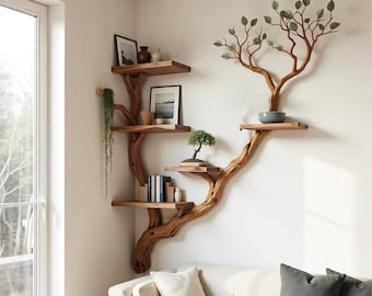 Floating book shelf corner bookshelf solid wood tree branch shelves on wall drfitwood shelving art