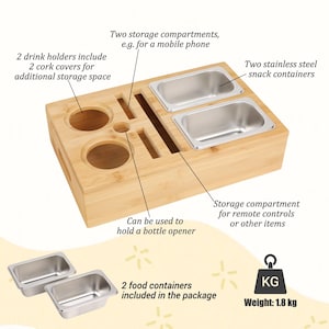 May include: A bamboo serving tray with two drink holders, two stainless steel snack containers, and additional storage compartments. Includes two cork covers and two food containers. Weight: 1.8 kg.