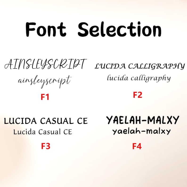 Puede incluir: Una imagen que muestra opciones de fuentes. El t&iacute;tulo "Font Selection" est&aacute; en negrita negra. Se muestran cuatro estilos de fuente: AINSLEYSCRIPT, LUCIDA CALLIGRAPHY, LUCIDA CASUAL CE y YAELAH-MALXY, cada uno con una muestra y una etiqueta.