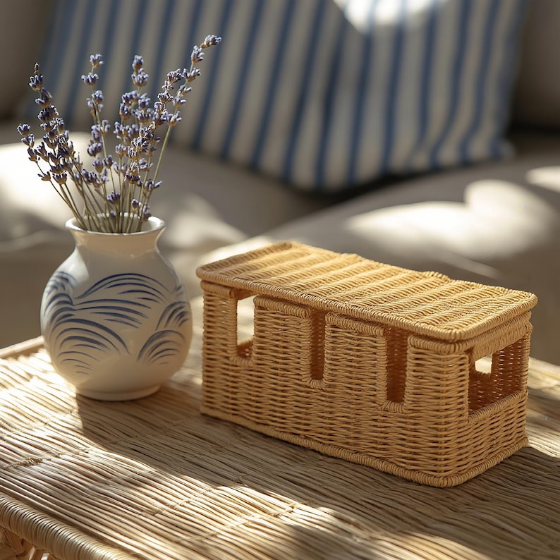 Pu&ograve; includere: Un contenitore rettangolare in vimini chiaro con coperchio &egrave; appoggiato su un tavolo intrecciato. Un piccolo vaso bianco con disegni di onde blu contiene rametti di lavanda. Un cuscino a righe blu e bianco sullo sfondo.
