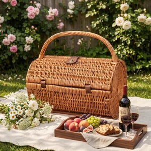 May include: A brown wicker picnic hamper with a curved handle, leather straps, and a wooden tray with fruit, bread, and wine glasses. A bottle of wine and a bouquet of flowers are also present.