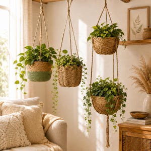 Cestas colgantes de ratán tejidas a mano, soporte colgante para plantas de estilo bohemio, maceta de interior, cesta para colgar plantas, jardín exterior único, decoración rústica de pared