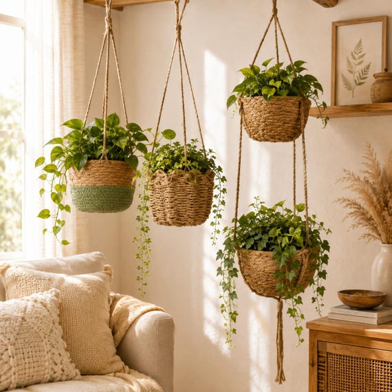 Handwoven Rattan Wall Hanging Baskets,Boho Hanging Plant Holder,Indoor Planter,Plant Hanger Basket,Unique Outdoor Garden,Rustic Wall Decor