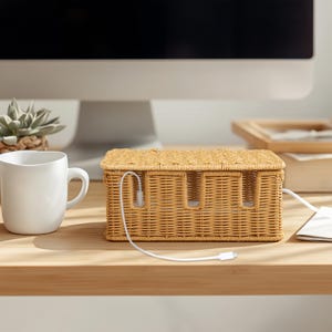 Pu&ograve; includere: Un organizer per cavi in vimini intrecciato di forma rettangolare con tre aperture frontali. Un cavo di ricarica bianco &egrave; collegato all'organizer. Una tazza bianca e una pianta succulenta sono sulla scrivania di legno.