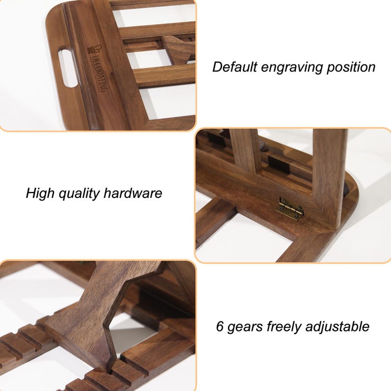 May include: A wooden laptop stand with a handle and adjustable gears. The stand is made of dark brown wood and features the text "Decorating". The stand has high-quality hardware and is designed for a default engraving position.