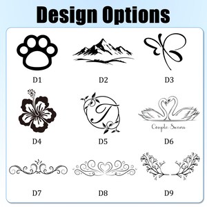 Puede incluir: Una selecci&oacute;n de opciones de dise&ntilde;o en negro, que incluyen una huella de pata, una cordillera, una mariposa, una flor de hibisco, la letra T en un c&iacute;rculo, cisnes y remolinos decorativos. El texto "Design Options" est&aacute; en la parte superior.