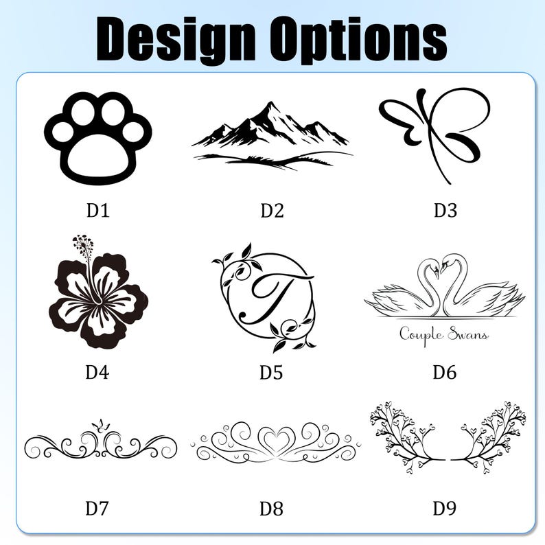Puede incluir: Una selecci&oacute;n de opciones de dise&ntilde;o en negro, que incluyen una huella de pata, una cordillera, una mariposa, una flor de hibisco, la letra T en un c&iacute;rculo, cisnes y remolinos decorativos. El texto "Design Options" est&aacute; en la parte superior.