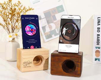 Christmas Gifts Custom Phone Speaker for iPhone and Android, Wooden Phone Holder, Engraved Text & Designs, Unique Gifts for Him