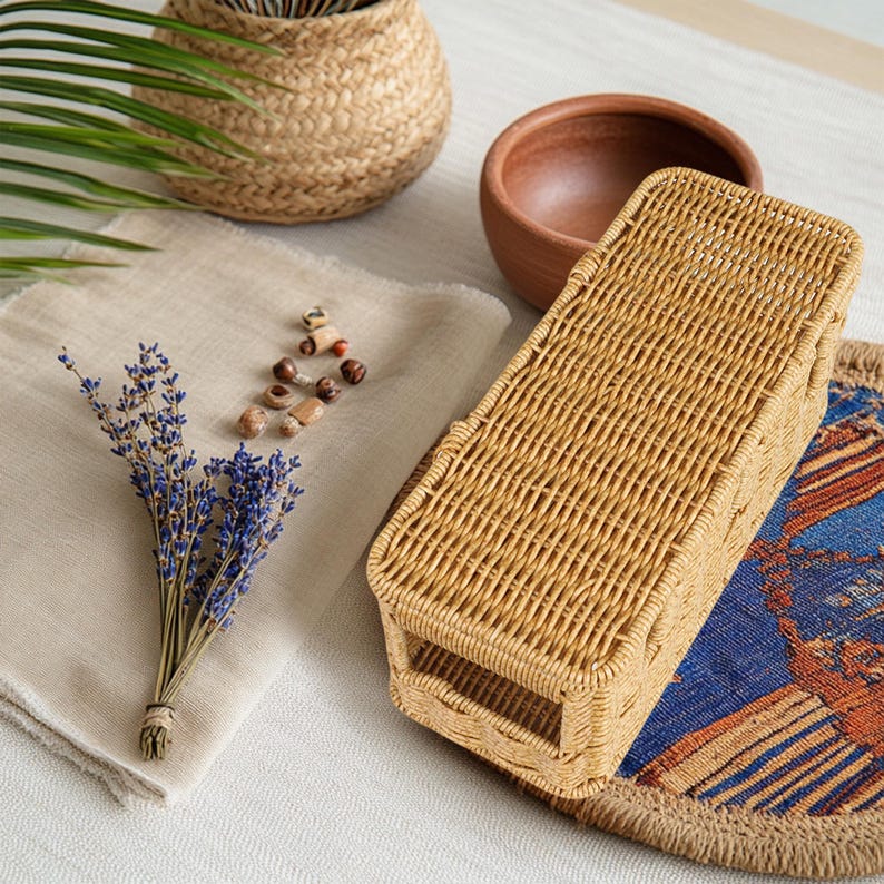 Pu&ograve; includere: Un cestino rettangolare intrecciato di colore beige naturale &egrave; appoggiato su un tappetino blu e arancione fantasia. Una piccola ciotola di legno e un cestino intrecciato sono sullo sfondo. Un mazzetto di lavanda secca e piccole perline decorative sono su un panno beige.