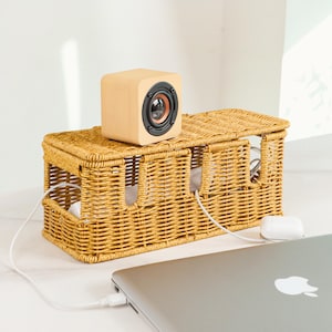 Pu&ograve; includere: Un altoparlante in legno a forma di cubo con un cono nero &egrave; posto su un cestino di vimini intrecciato. Il cestino &egrave; rettangolare con ritagli per i cavi. Un laptop &egrave; collegato al cestino con un cavo bianco.