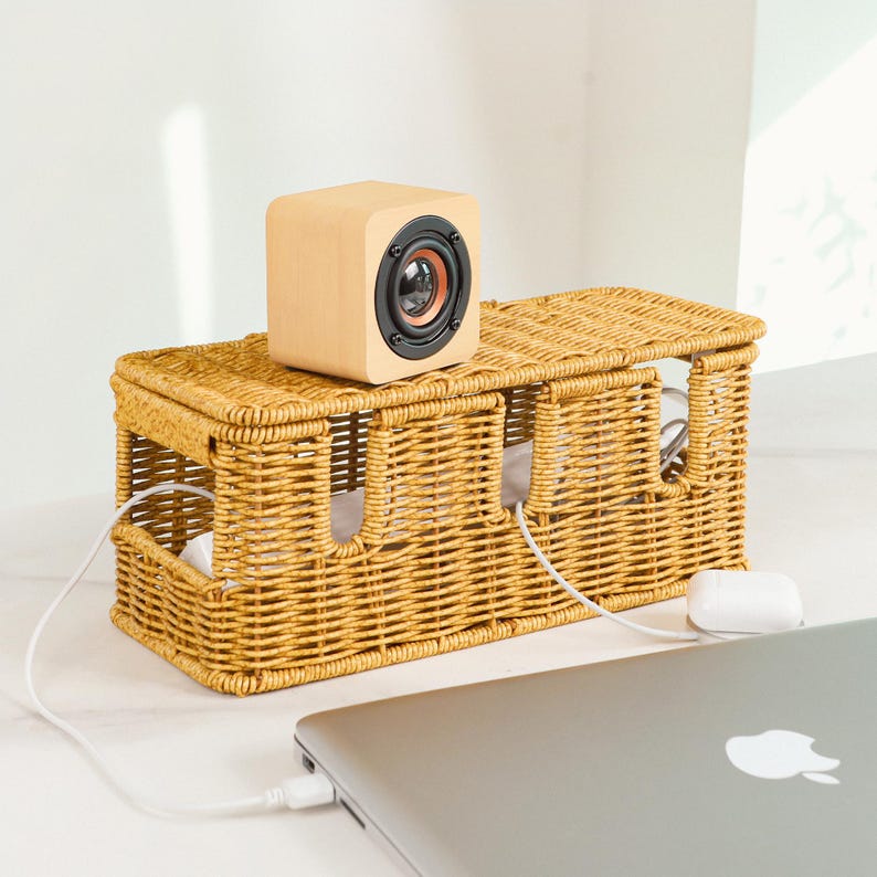 Pu&ograve; includere: Un altoparlante in legno a forma di cubo con un cono nero &egrave; posto su un cestino di vimini intrecciato. Il cestino &egrave; rettangolare con ritagli per i cavi. Un laptop &egrave; collegato al cestino con un cavo bianco.