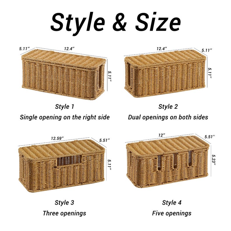 Pu&ograve; includere: Quattro scatole portaoggetti in vimini intrecciato in vari stili. Ogni scatola &egrave; rettangolare, con dimensioni indicate in pollici. Gli stili includono aperture singole, doppie, triple e quintuple. Il testo "Style & Size" &egrave; in alto.
