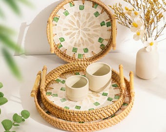 Bandeja redonda de ratán y conchas tejida a mano, regalo de San Valentín, artesanía vietnamita, bandeja decorativa, vajilla y decoración del hogar.