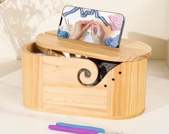 Personalized Large Capacity Wooden Yarn Bowl with phone holder-Unique Knitting Yarn Storage Knit Lover Gift For Knitting Lover Gift for her