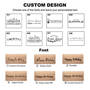May include: An image showcasing custom design options. It features various font styles and design elements, including floral and mountain motifs, with the text "Happy Birthday" displayed in different fonts. The text "CUSTOM DESIGN" is at the top.