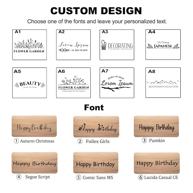 May include: An image showcasing custom design options. It features various font styles and design elements, including floral and mountain motifs, with the text "Happy Birthday" displayed in different fonts. The text "CUSTOM DESIGN" is at the top.