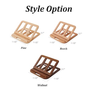 May include: Wooden book stands in pine, beech, and walnut. Each stand is 11.02 inches square and 0.7 inches thick. The stands have an adjustable angled top with a slot for holding a book. The text "Style Option" is at the top.