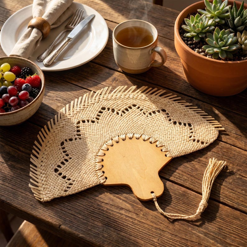 Puede incluir: Un abanico tejido natural con mango de madera y borla sobre una mesa de madera. El abanico tiene un patr&oacute;n decorativo recortado a lo largo del borde superior. Un cuenco de fruta, una taza de t&eacute; y una suculenta en maceta tambi&eacute;n est&aacute;n sobre la mesa.