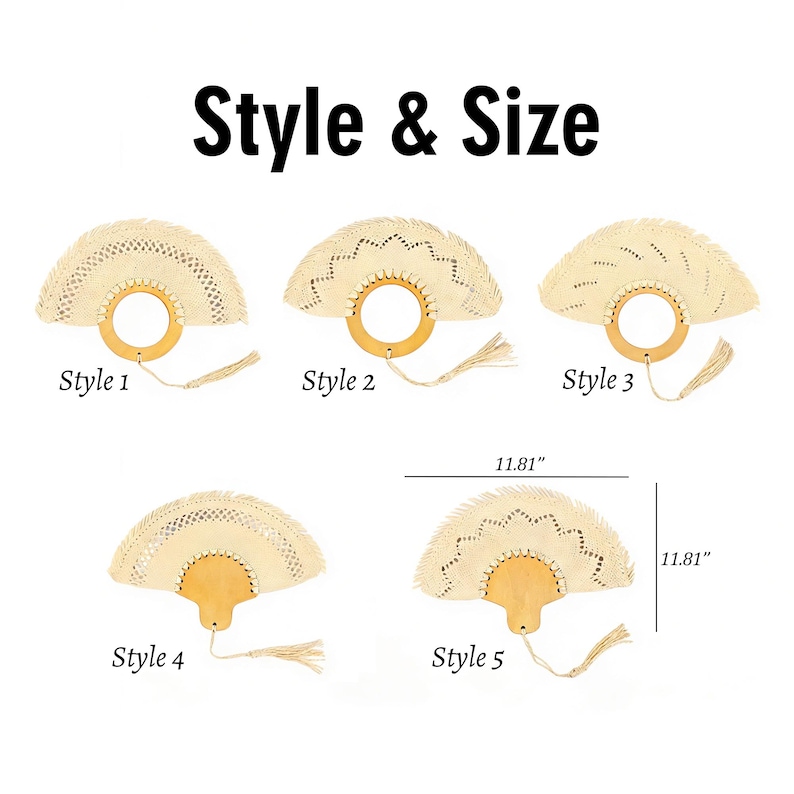 Puede incluir: Cinco abanicos de mano tejidos de forma natural con mangos de madera y borlas. Los abanicos se muestran en diferentes estilos, con el texto "Style & Size" en la parte superior. Cada abanico mide aproximadamente 30 cm de largo y ancho.