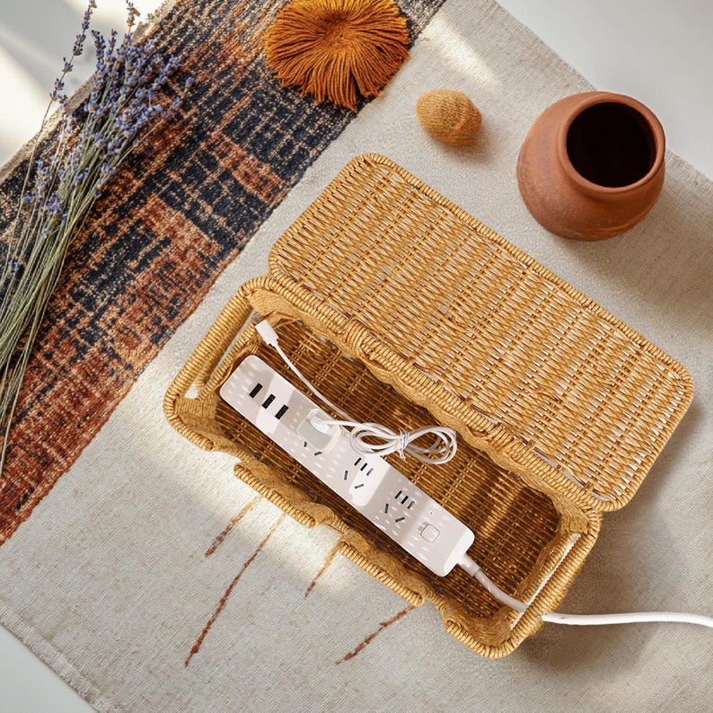Pu&ograve; includere: Un organizer per prese multiple in vimini intrecciato con una multipresa bianca all'interno. L'organizer &egrave; rettangolare con un coperchio incernierato. La multipresa ha pi&ugrave; prese e porte USB. Lo sfondo include un tappeto fantasia, un piccolo vaso di terracotta e oggetti decorativi.