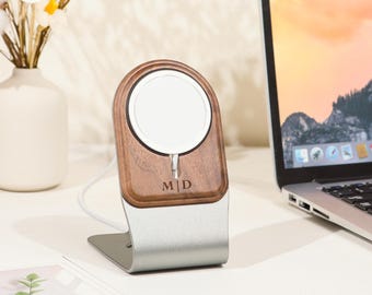 Personalized Engraved Wooden MagSafe Stand,Wireless Charging stand for Apple,Wireless Docking Station,Desk Office decor,Corporate Gift