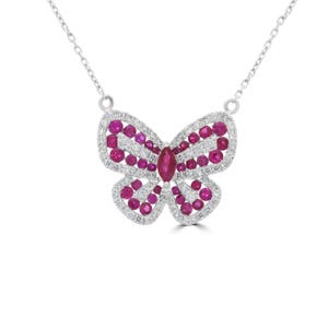 18K Weißgold Rubin Schmetterling Anhänger, Natürliche Rubin & Diamant Halskette, Statement Geschenk für Sie, Roter Schmetterling Halskette, Emy und Co.