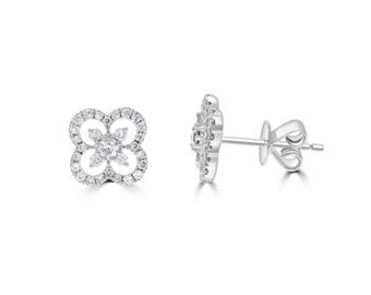 18K White Gold Diamond Flower Stud Earrings, 0.39 Ct Real Diamond Floral Studs, Dainty Everyday Luxury Gift, Gift for Her, Emy and Co.