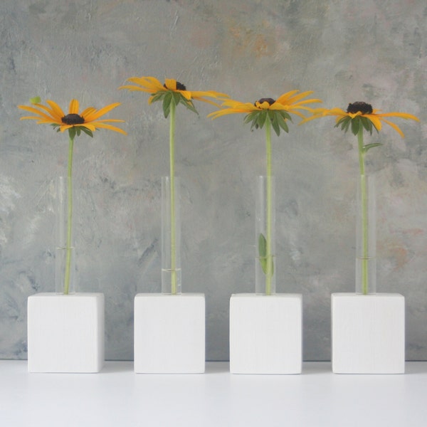 Bud Vases with test tubes, SET of Four, MADE to ORDER, small for single flower, flower vase, white, Custom Order, Two Options