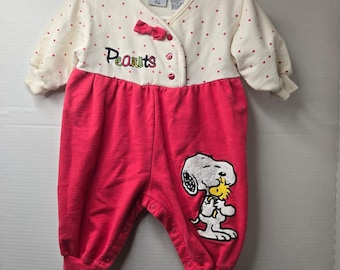 Vintage Peanuts Snoopy Woodstock Baby Girl Romper Pink White 3-6M Bentex