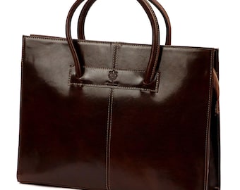 Brown Genuine Leather Briefcase Fits A4 Laptop Office Bag Handcrafted Italian Work Tote with Shoulder Strap