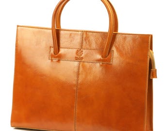 Camel Genuine Leather Briefcase Fits A4 Laptop Office Bag Handcrafted Italian Work Tote with Shoulder Strap